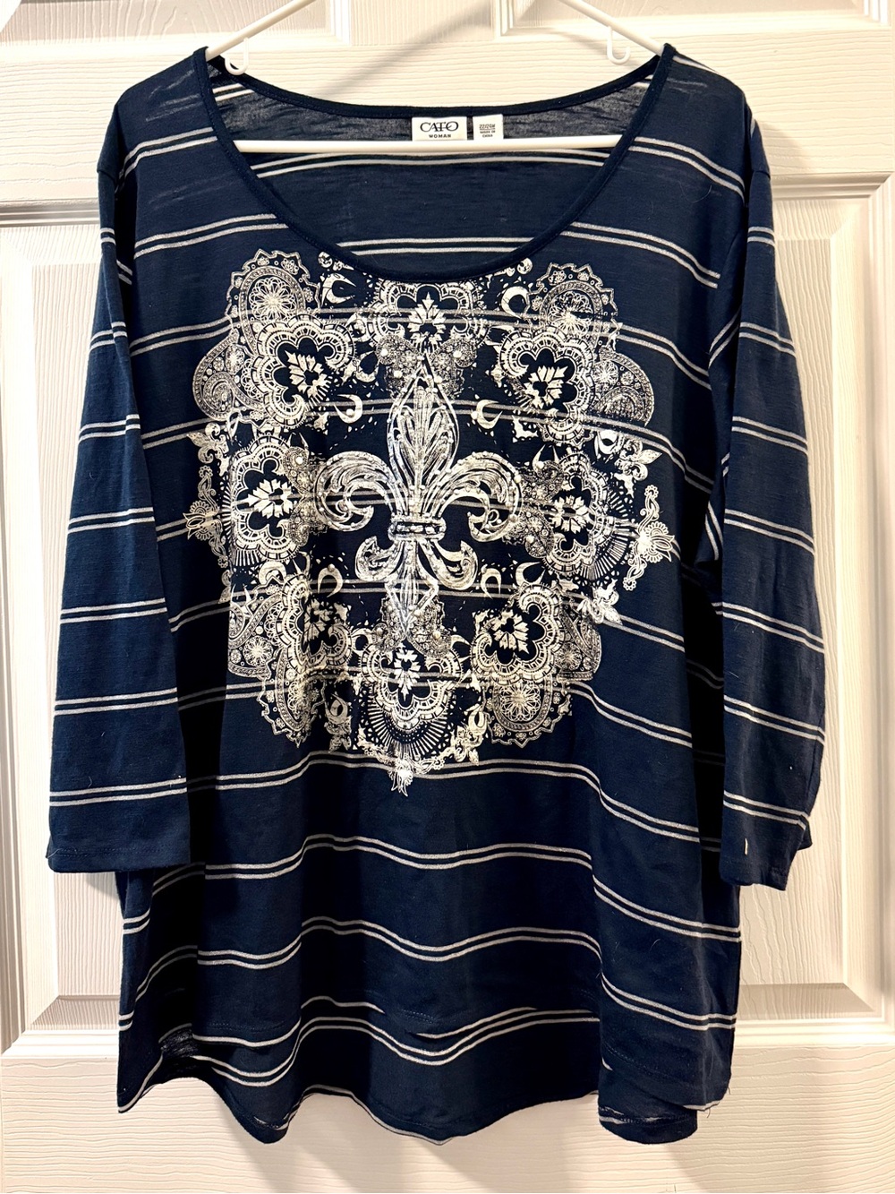 Cato Navy and White Striped Scoop-Neck Long Sleeve Top with Fleur-de-Lis Print